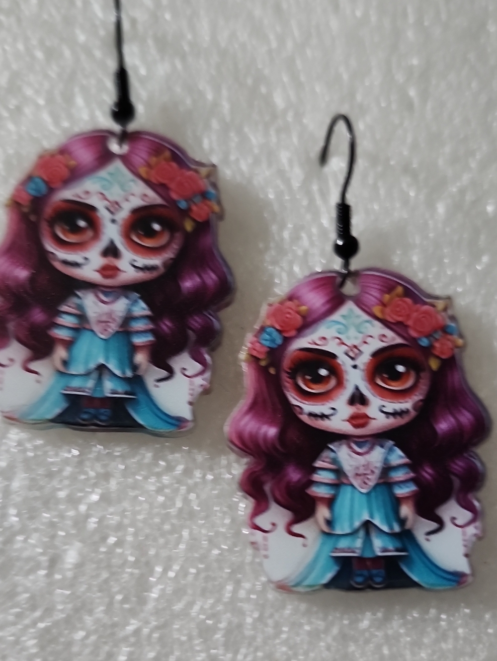 Hand Crafted Purple and Teal Day of the Dead Doll Earrings
